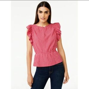 Free People Gingham Red Ruffled Fitted Blouse